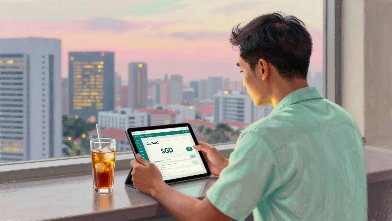 A Singaporean trader at dusk using a tablet to view Coinut with SGD as the currency, city lights glowing outside.