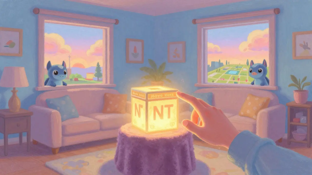 A soft pastel scene of a Maye Musk NFT glowing in a cozy virtual room.