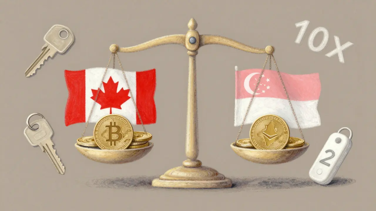A symbolic balance scale with Bitcoin and Ethereum coins, flanked by Canadian and Singaporean silhouettes, representing regulated crypto trading.