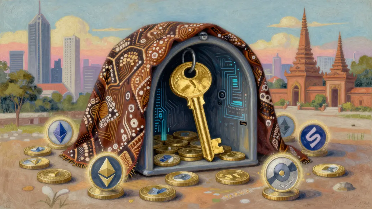 A symbolic secure vault with staking coins and cultural patterns blending digital and traditional elements.