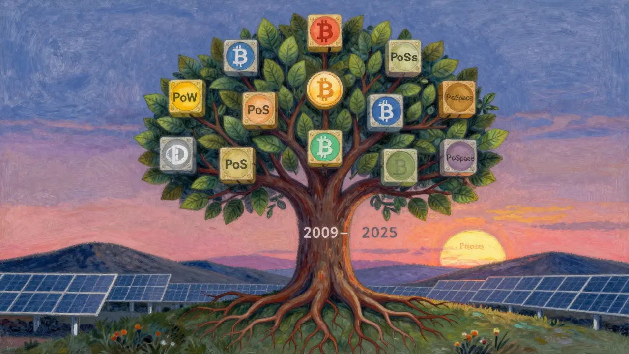 A symbolic tree with blockchain roots and nonce leaves, representing the evolution from proof-of-work to newer consensus methods.