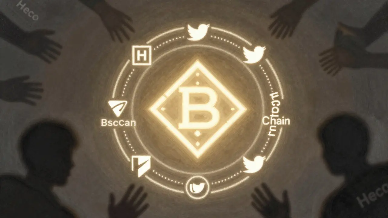 A verified BNB Smart Chain logo protected from shadowy Heco scam figures in soft pastel colors.