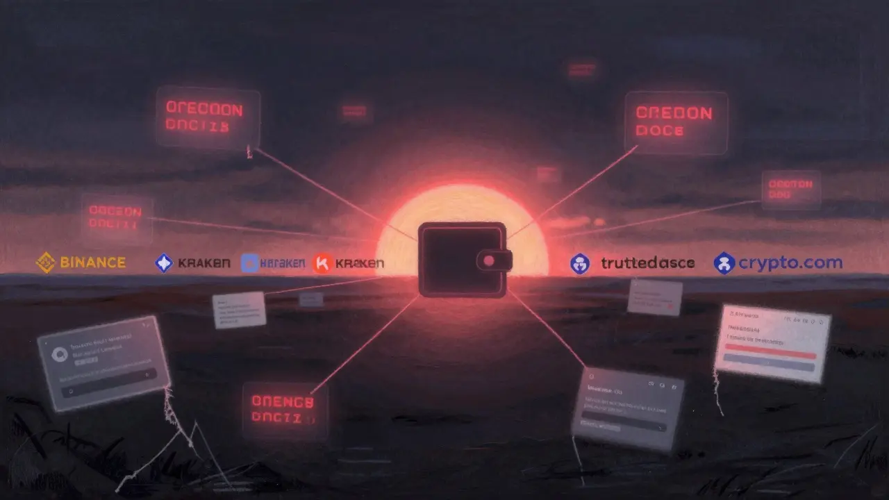 A wallet surrounded by glowing scam contract addresses, with trusted exchanges visible in the distant sunrise.