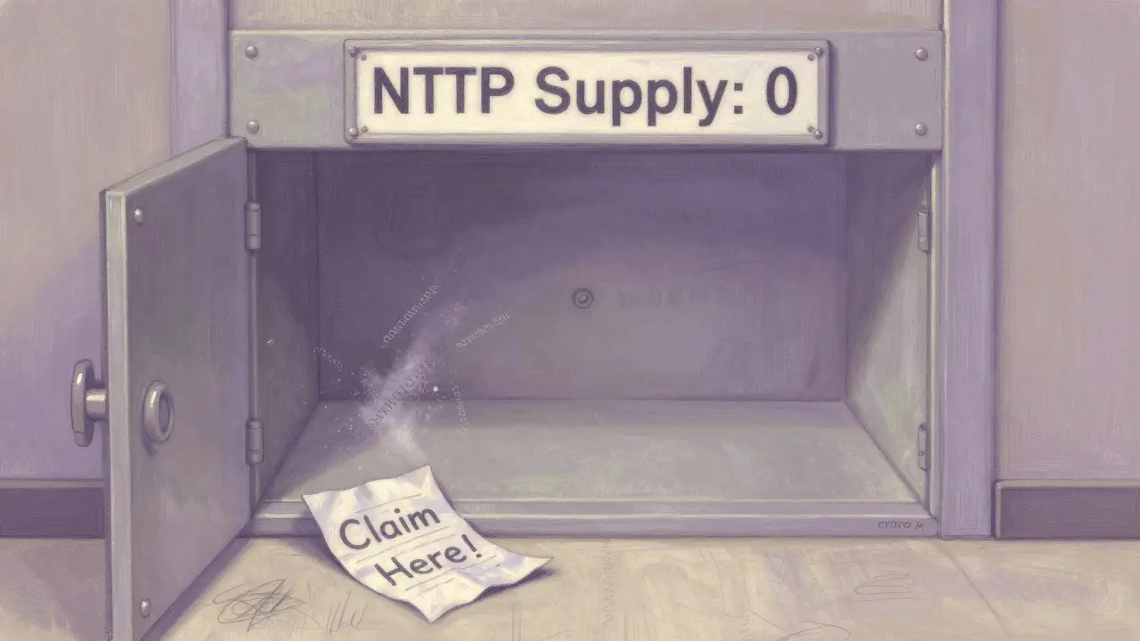 An empty token vault labeled 'Supply: 0' with a crumpled scam note dissolving into dust.