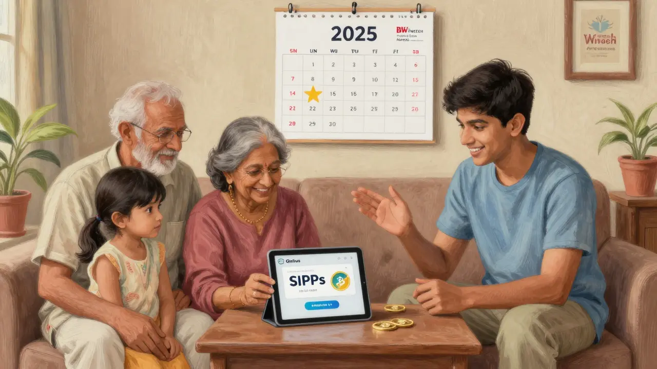 An Indian family learning crypto together on a tablet, grandparents and teen smiling, pastel tones, 2025 award calendar visible.
