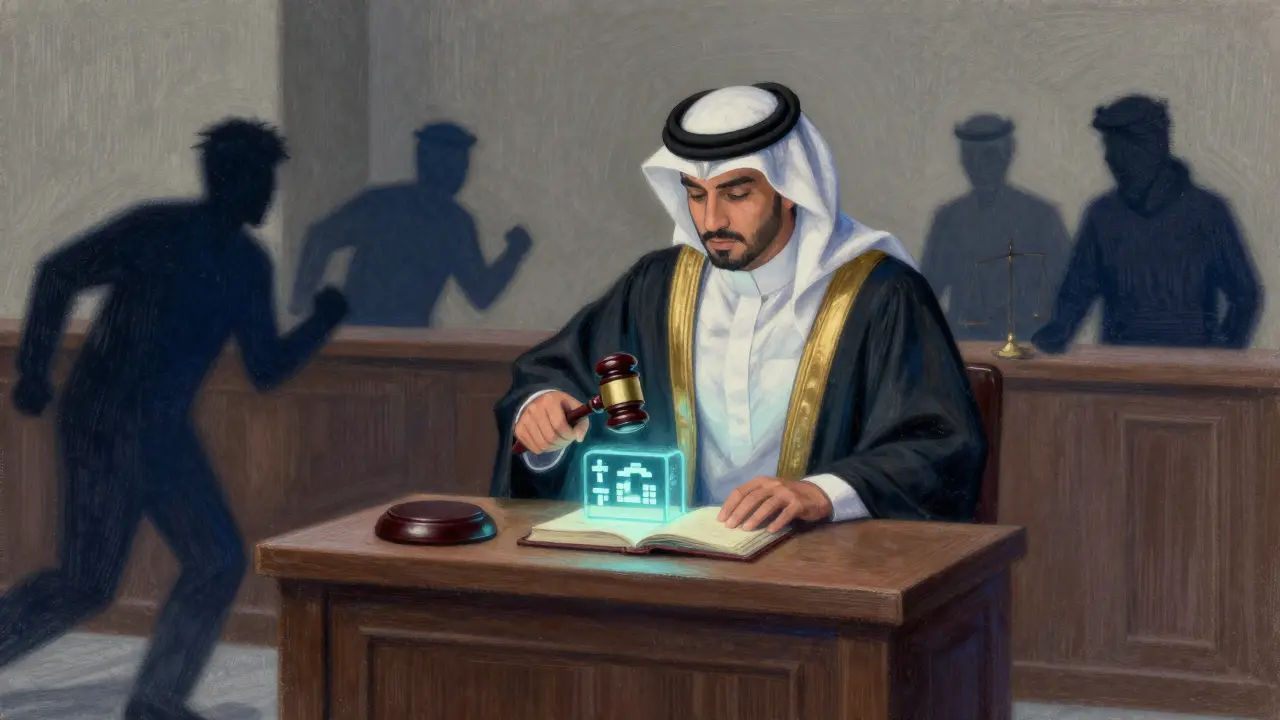 Courtroom in Abu Dhabi with judge overseeing blockchain transactions, unlicensed operators retreating.