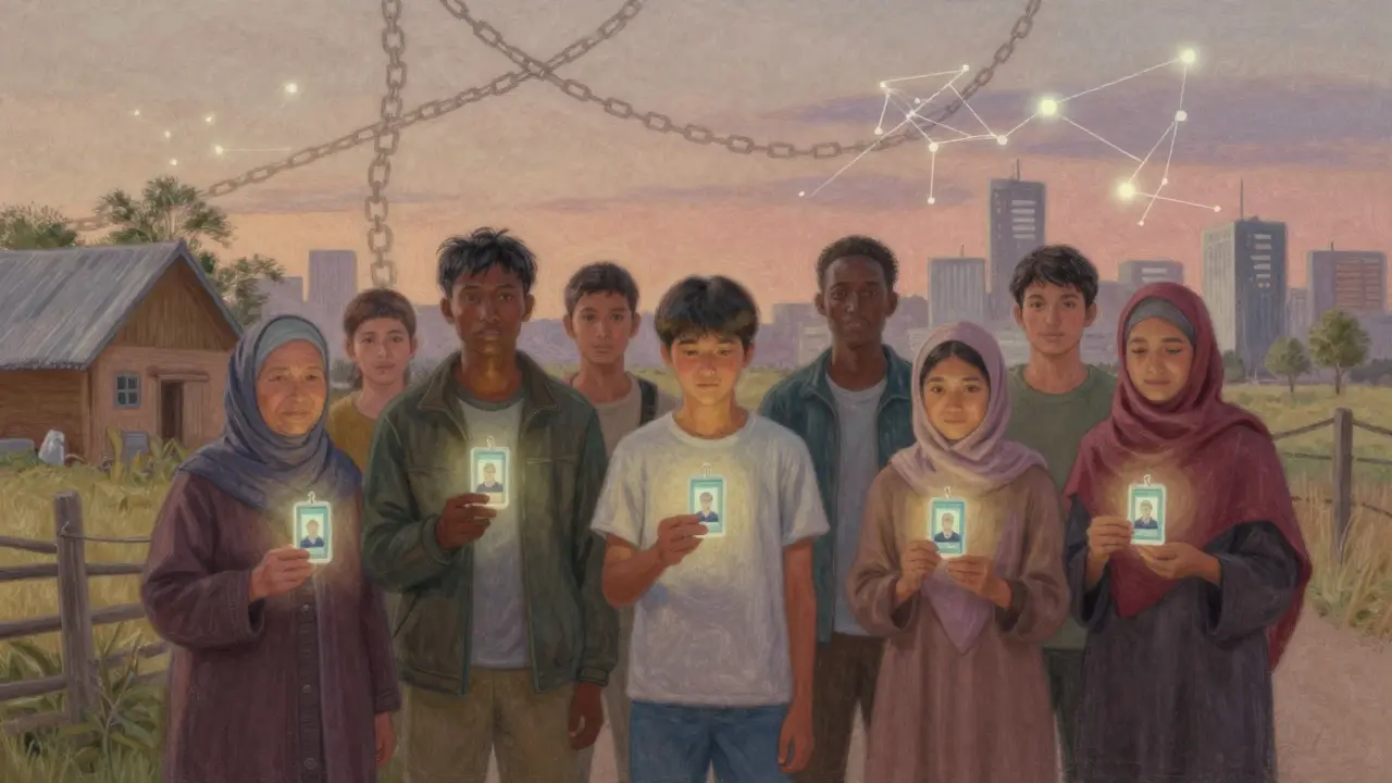 Diverse individuals holding glowing digital IDs, with blockchain nodes shimmering like stars in the twilight.