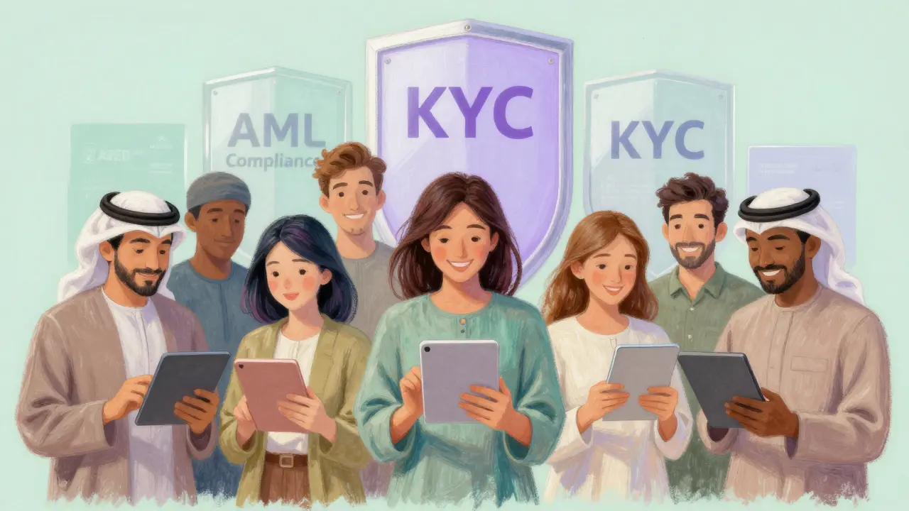 People in Dubai buying crypto with bank transfers, protective compliance shields rising behind them.