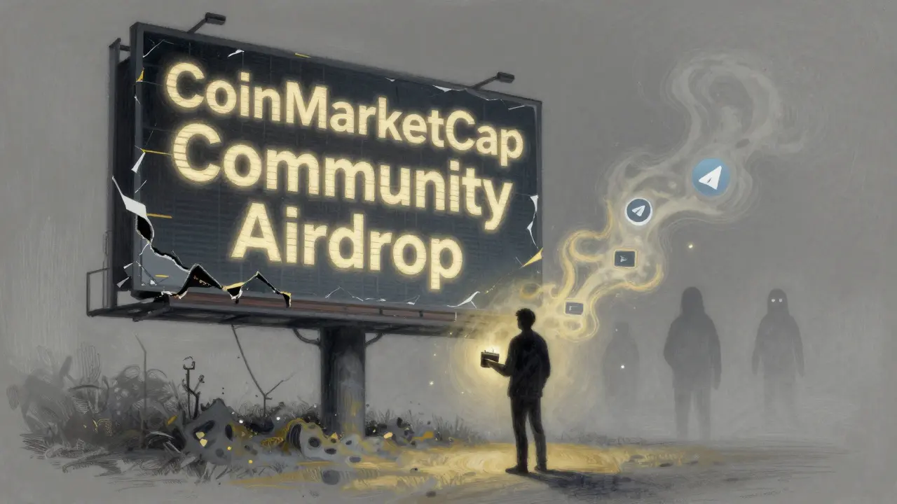 Shadowed figure before a crumbling fake CoinMarketCap airdrop billboard
