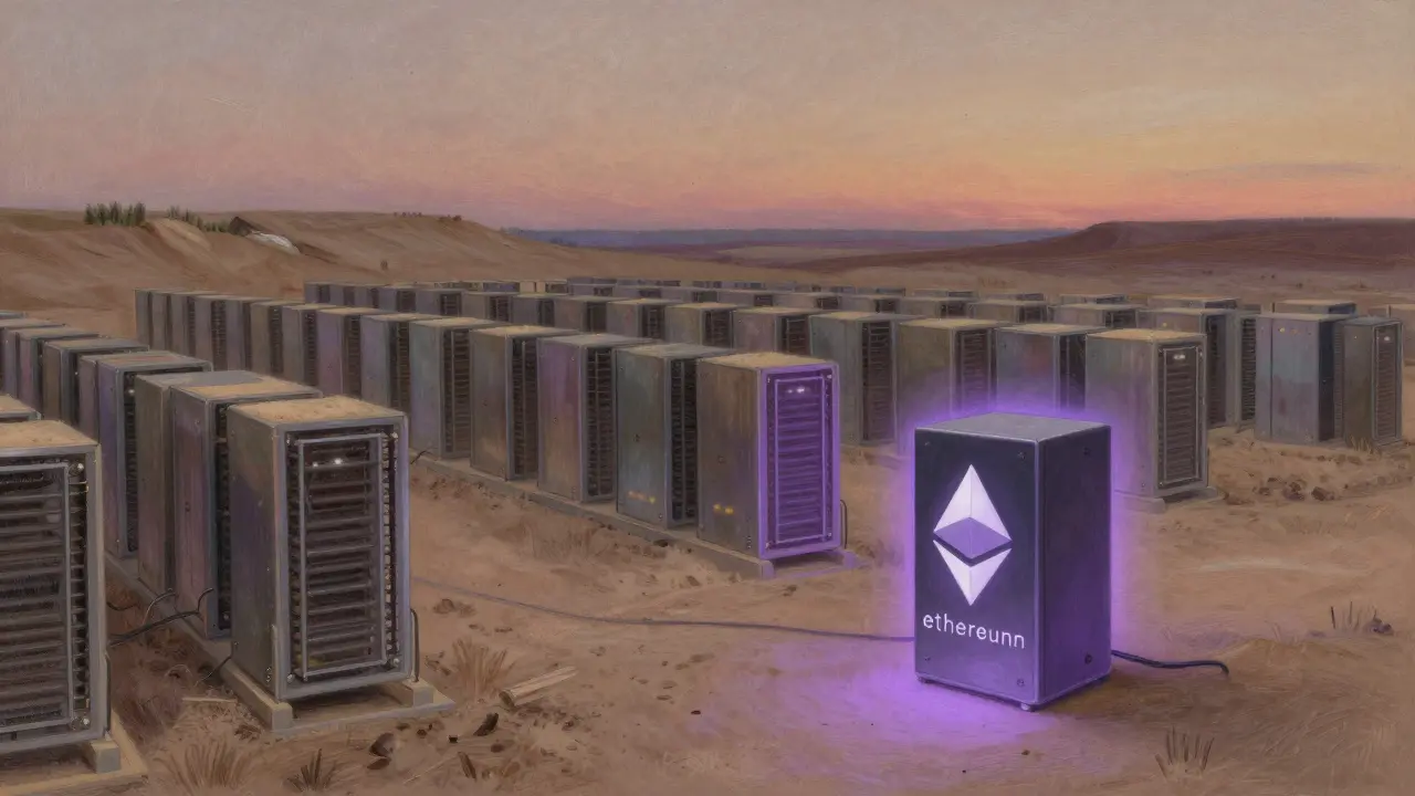 Silent mining rigs covered in dust, with a glowing validator node in the foreground, symbolizing the shift in blockchain consensus.