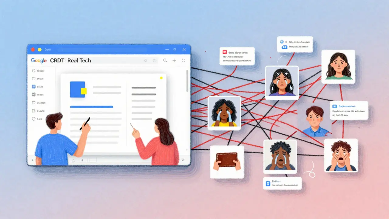 Split scene: real CRDT technology on one side, scam websites and distressed users on the other, rendered in delicate pastels.