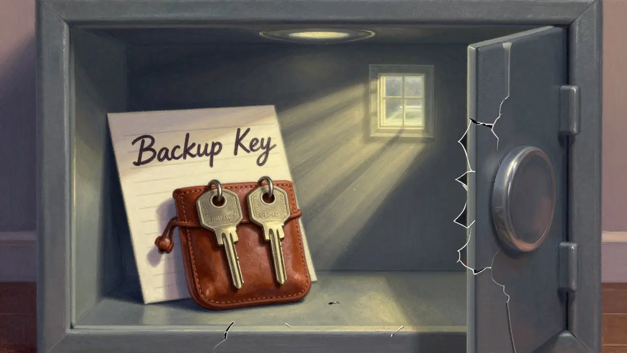 Two hardware keys stored in a leather pouch inside a fireproof safe, with a handwritten backup note and glowing wallet address.