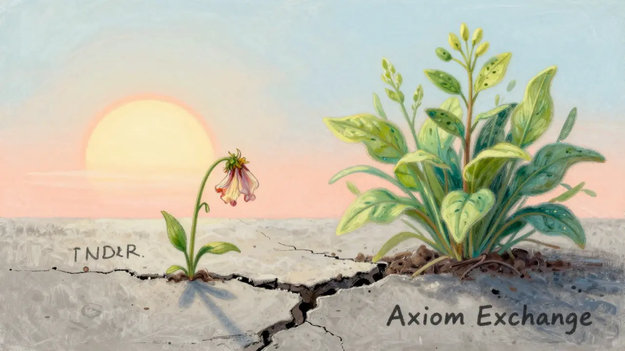 Wilted PNDR flower beside thriving Axiom Exchange plant at sunrise