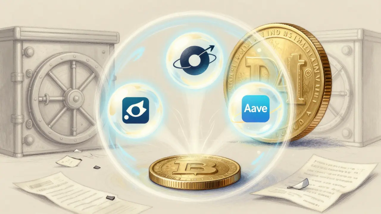 A DAI coin splitting into three glowing orbs representing DeFi applications.