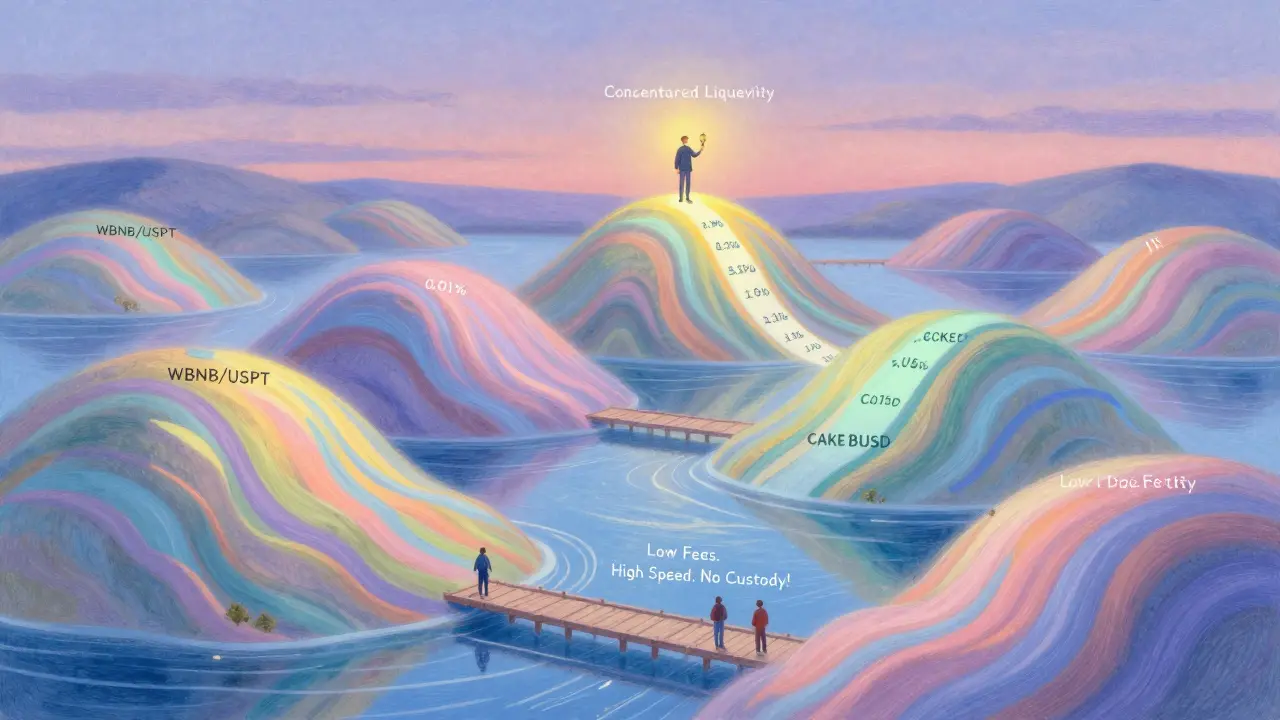 A dreamlike landscape of liquidity pools with ribbons of color, lit by a lantern labeled 'Concentrated Liquidity.'