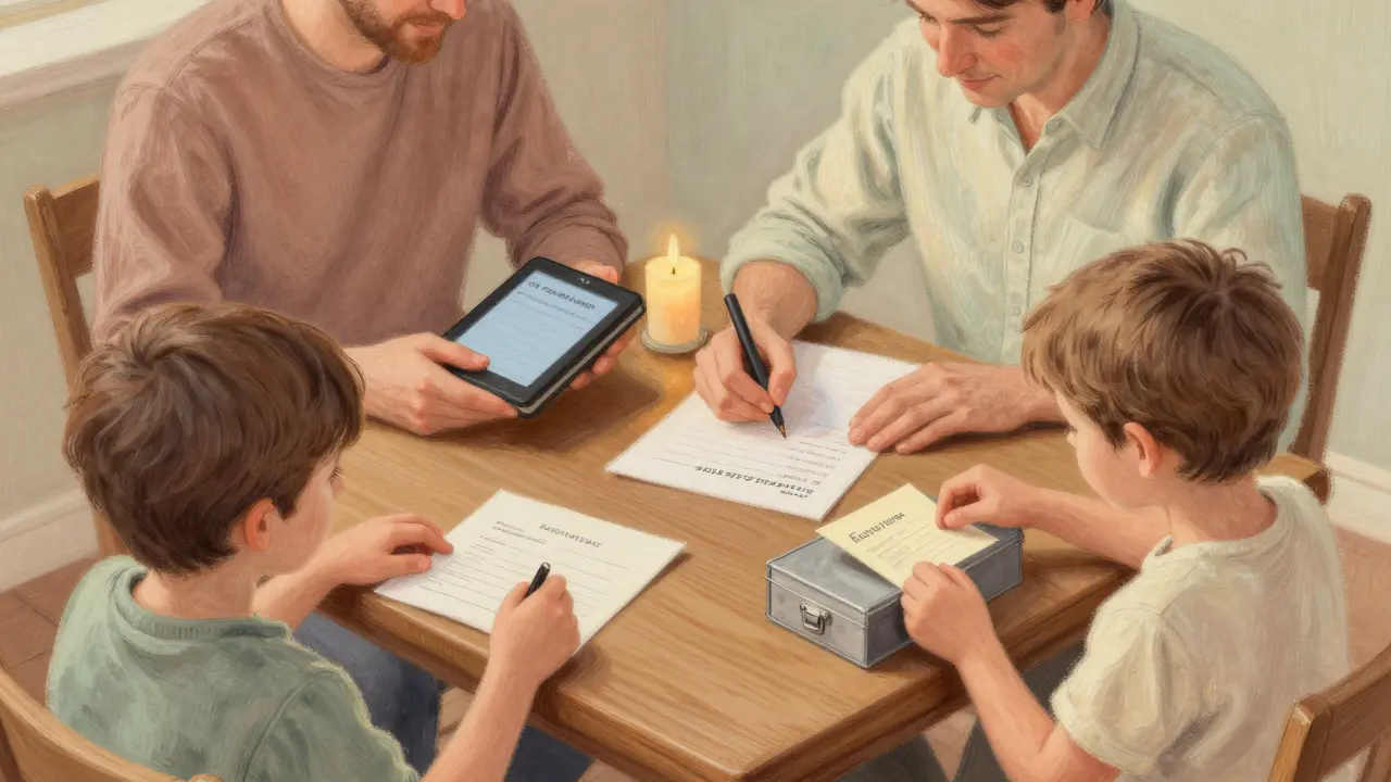 A family safely storing a recovery phrase on paper, with a child placing it in a locked box.
