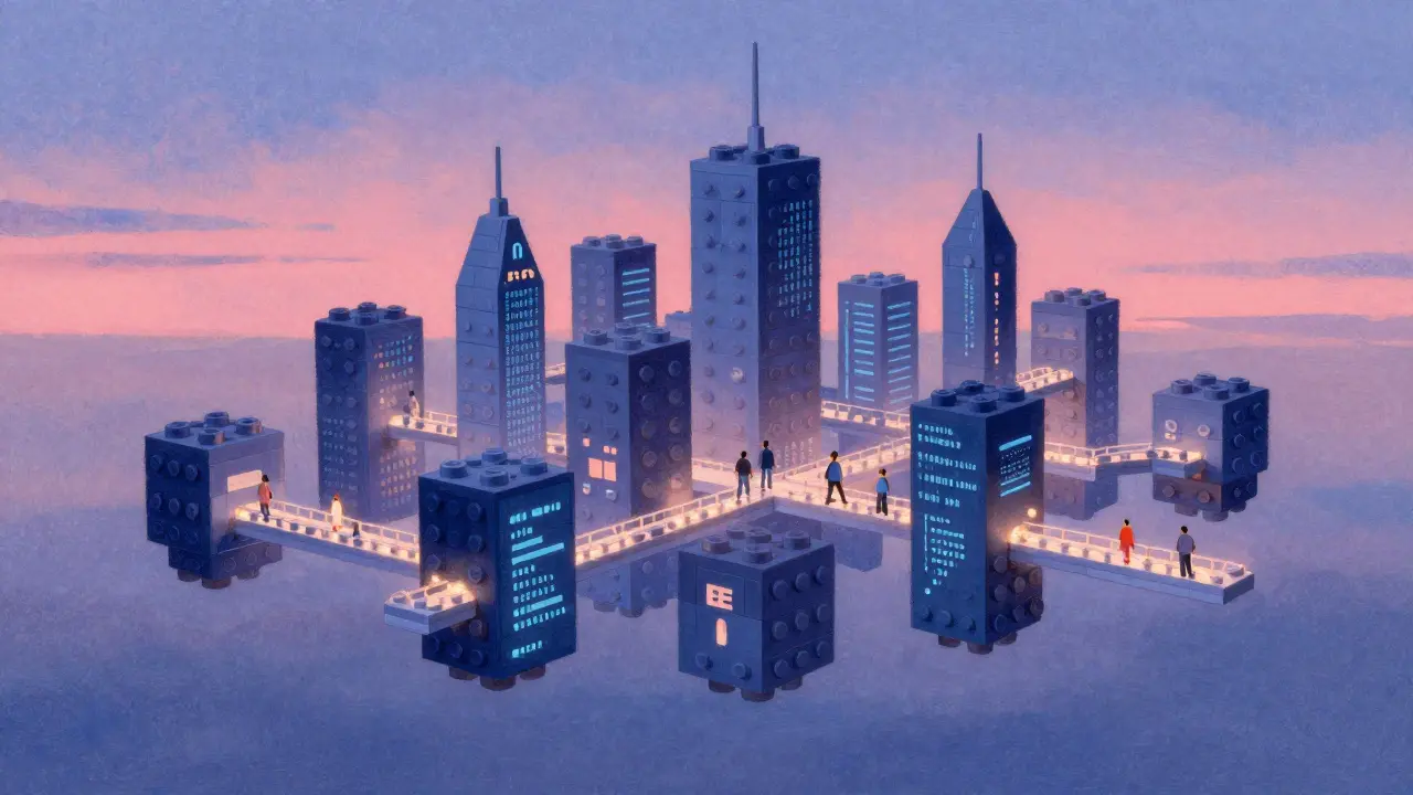 A floating city of interconnected DeFi protocols glowing softly in a twilight sky.