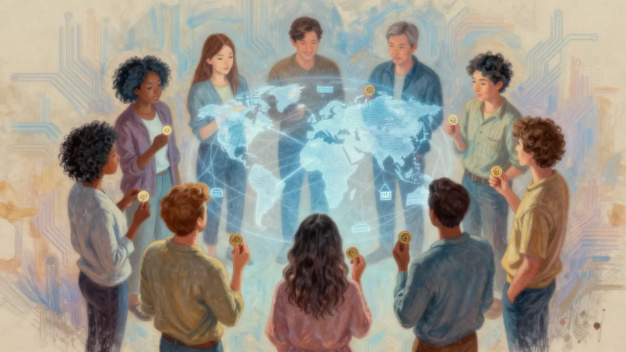 A group of people united by SOLO tokens, surrounded by a holographic network of global financial connections in pastel hues.