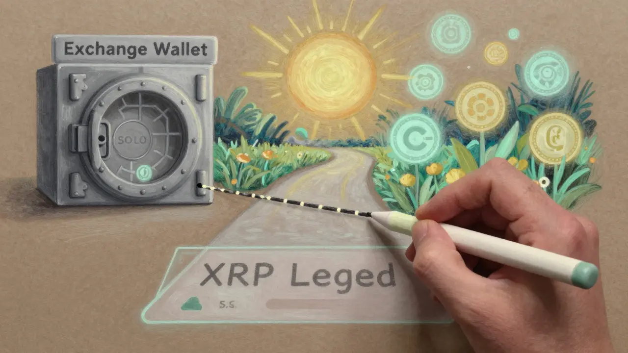 A hand drawing a trustline on a digital ledger, with two paths showing locked tokens versus floating rewards.