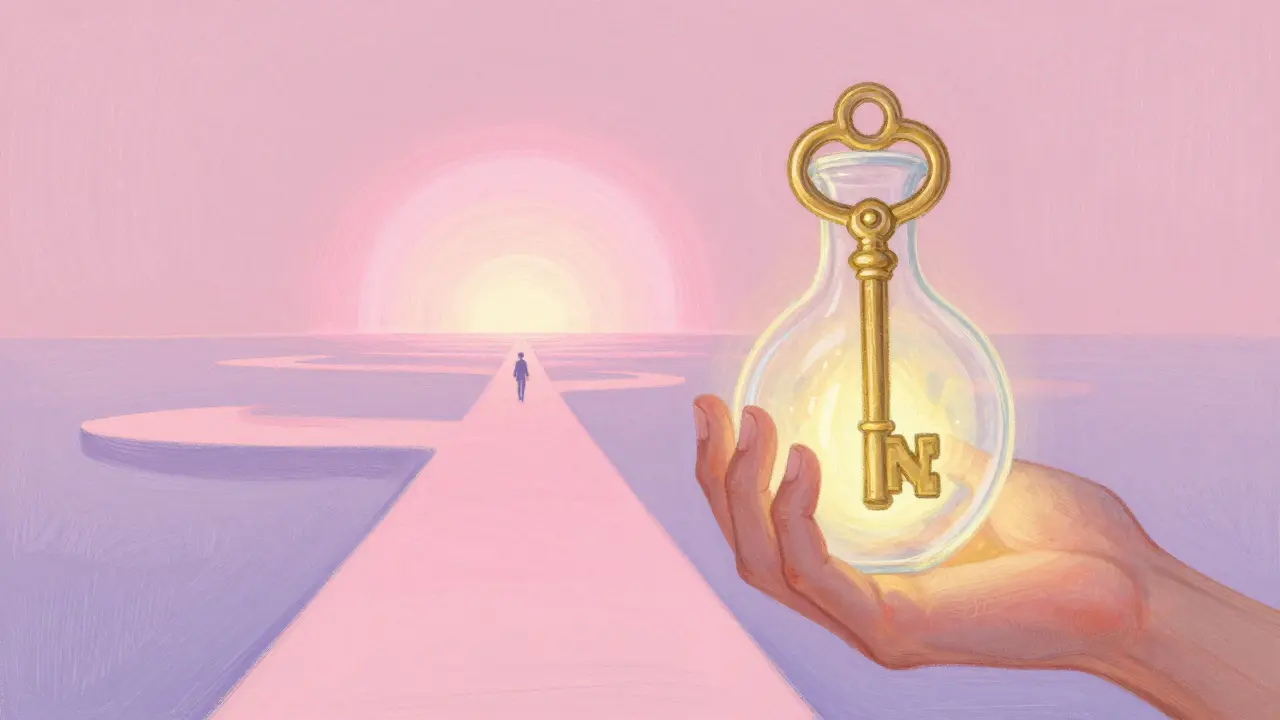 A hand holding a glowing Potion NFT key, leading toward a dreamy Metamon Planet game world in pastel tones.