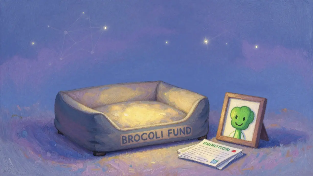 A moonlit animal shelter with a donation stack and Broccoli's NFT, pastel blues and lavenders, blockchain nodes twinkling like stars.