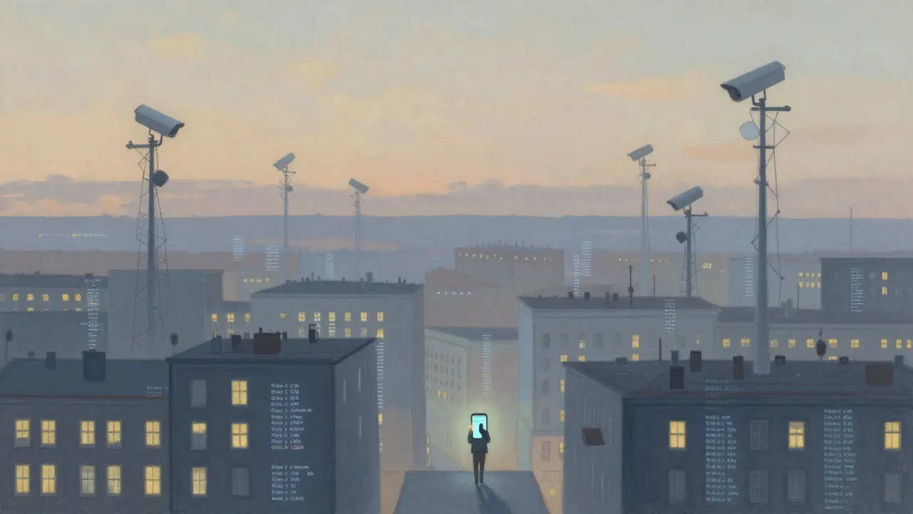 A pastel cityscape at dusk with glowing transaction logs in windows and a solitary figure below.