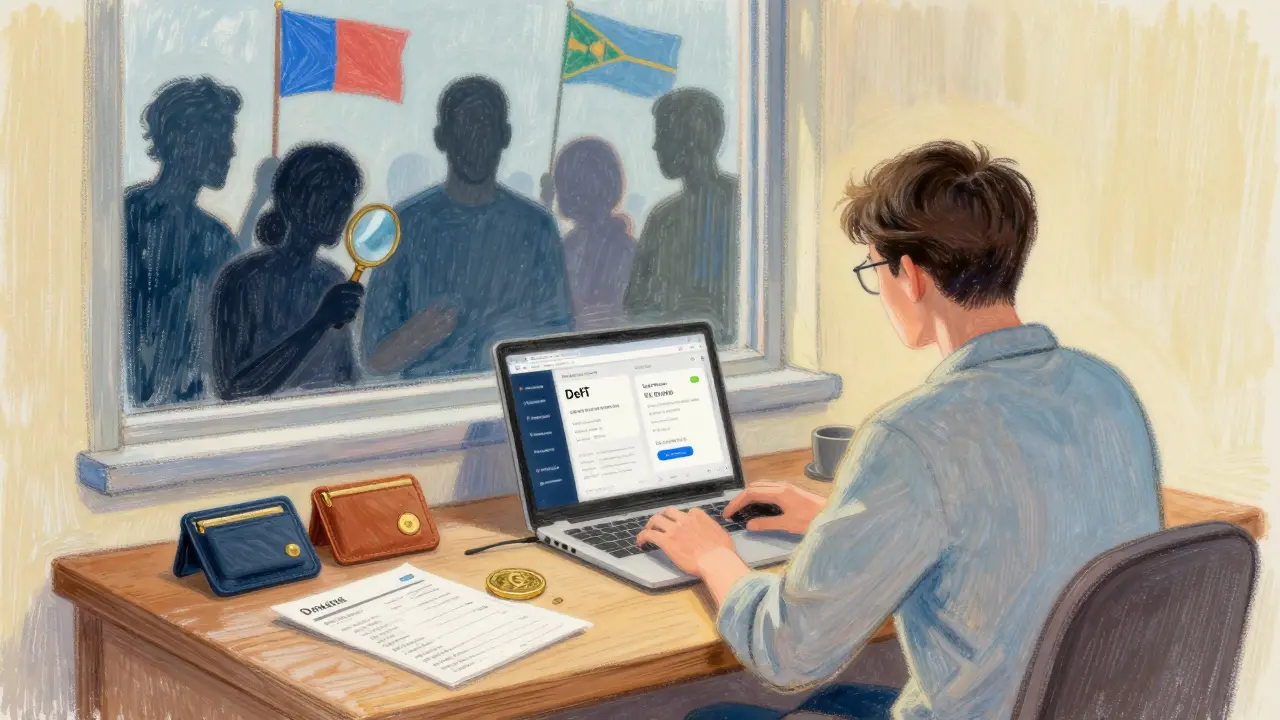 A person at a desk surrounded by crypto records, with shadowy international figures watching from behind.