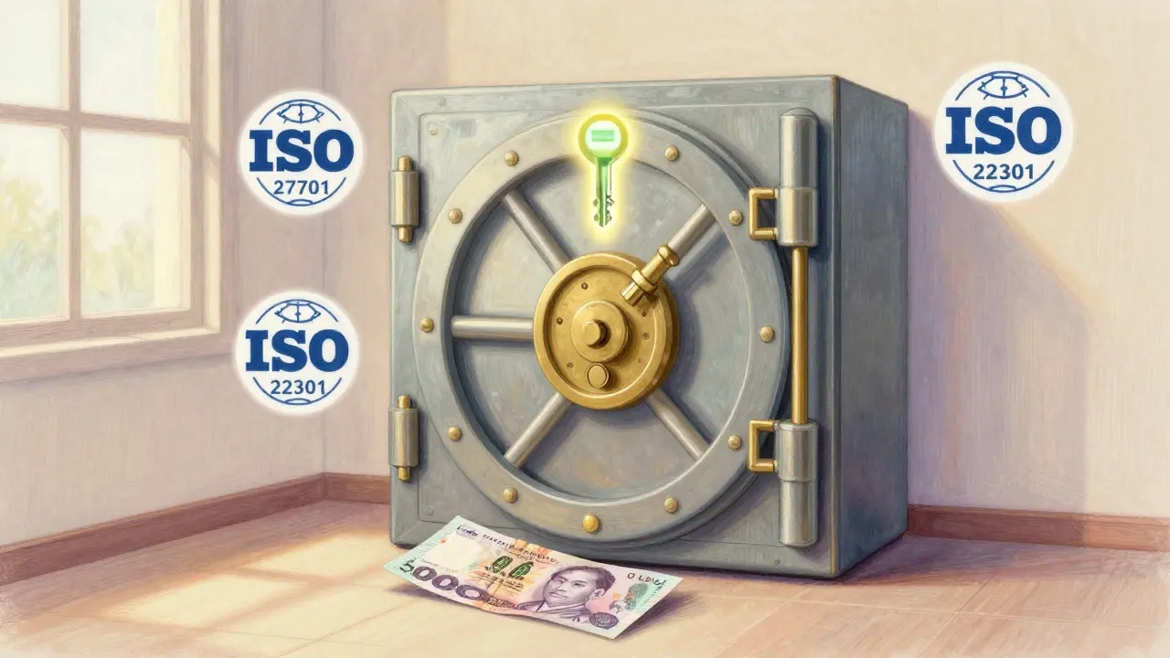 A secure vault with ISO certification badges and a Thai Baht note, drawn in delicate pastel strokes.