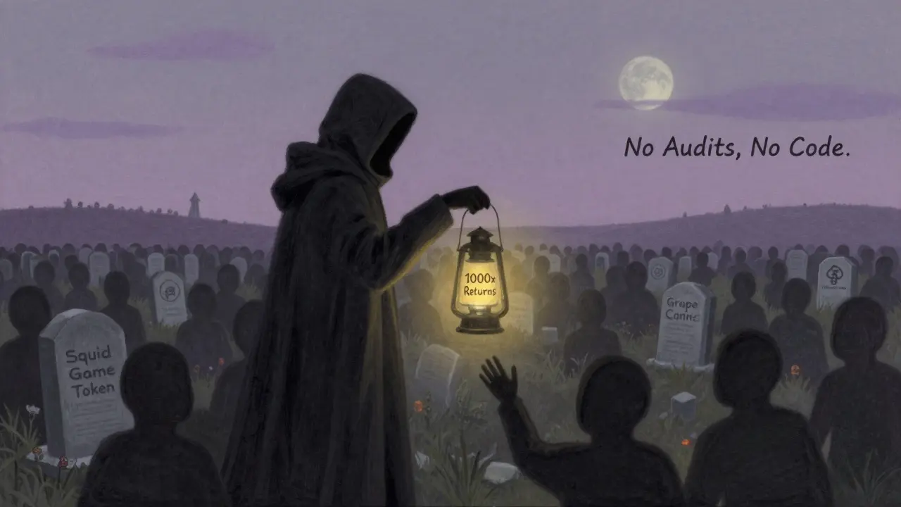 A shadowy figure holding a false promise lantern, illuminating a crowd toward a crypto graveyard.