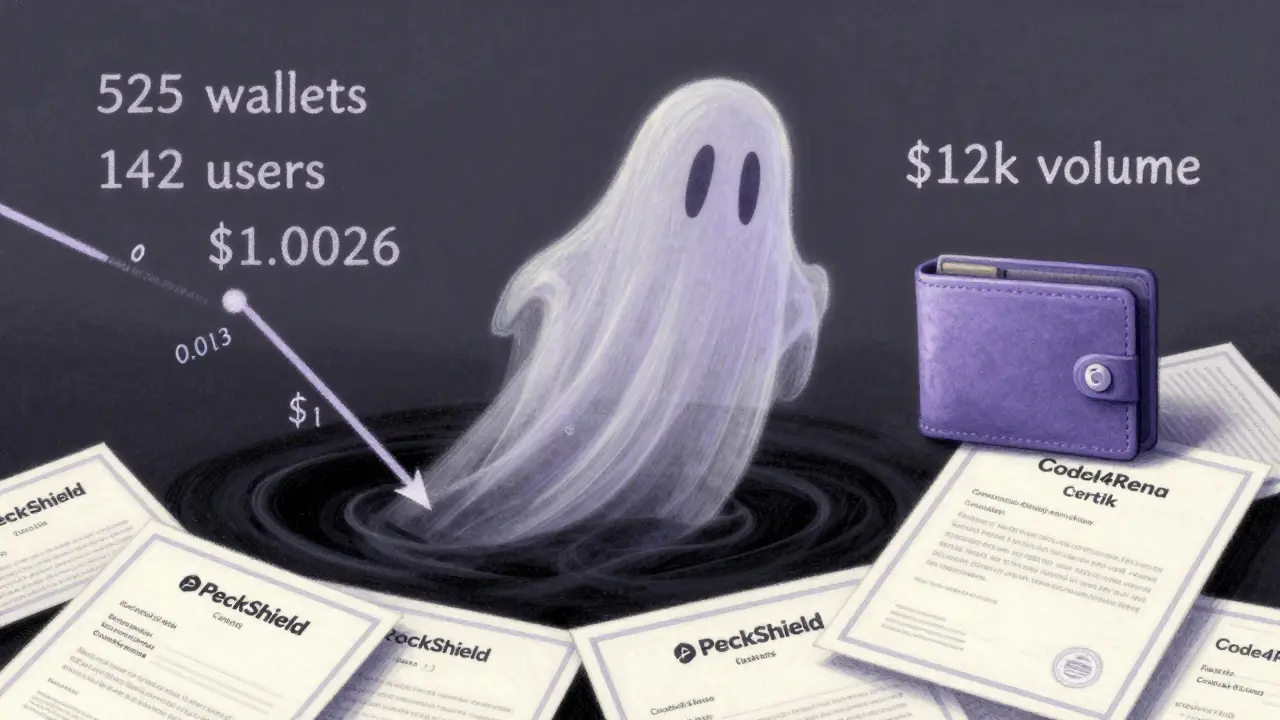 A sinking price graph surrounded by statistics, with audit certificates lying unused atop a pile.