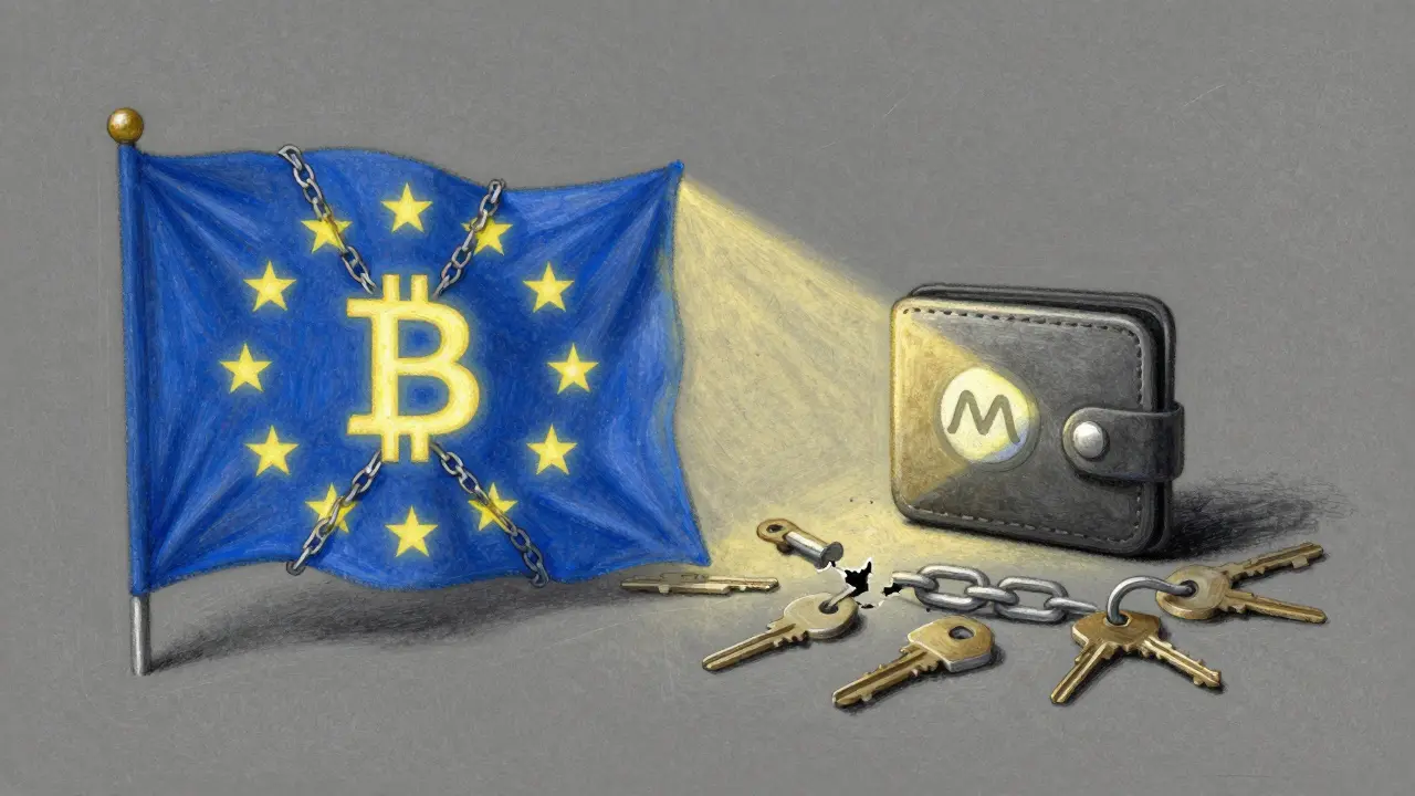 A split pastel scene showing an EU flag bound by crypto chains and a lone private wallet in shadow.