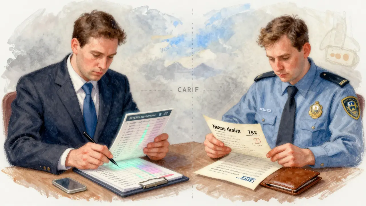 A split pastel scene showing U.S. and European tax officials reviewing crypto transactions under CARF.