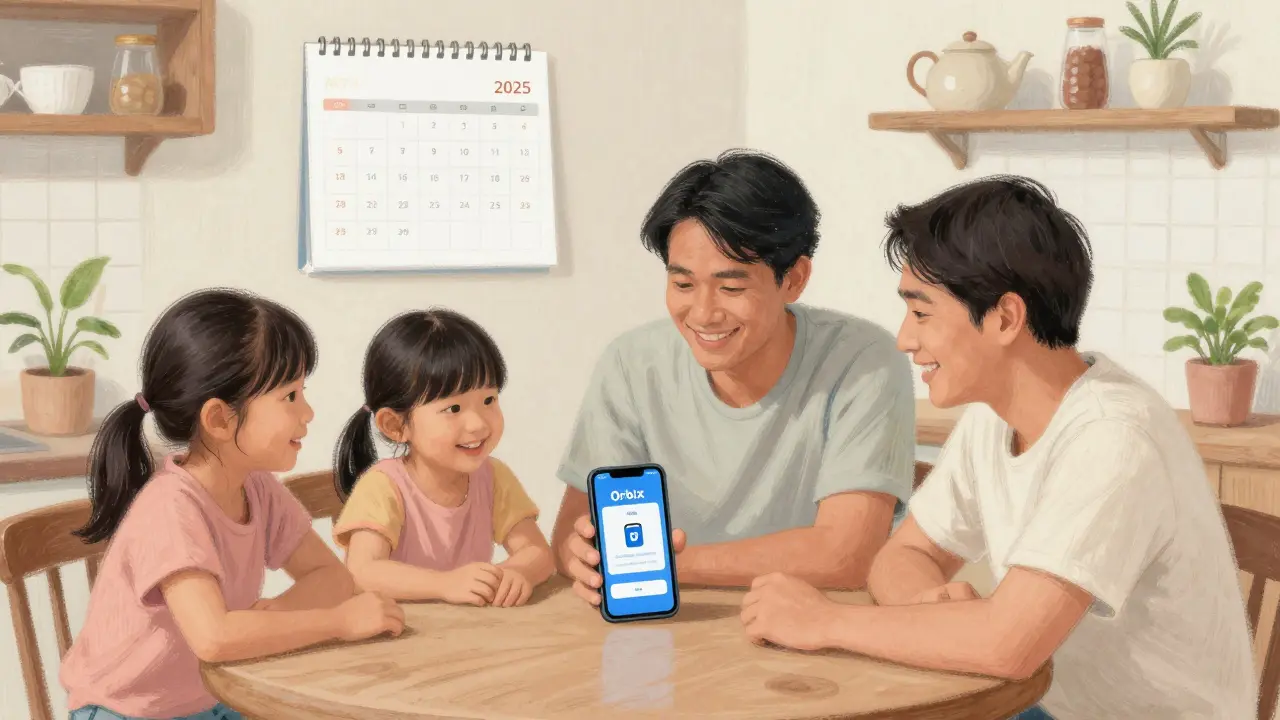 A Thai family at home viewing the Orbix app with Wallet Lock active, radiating calm and trust.
