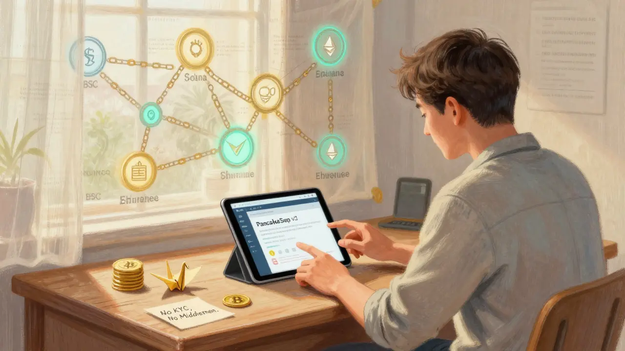 A trader at a desk with a tablet showing PancakeSwap, surrounded by a mural of interconnected blockchains.