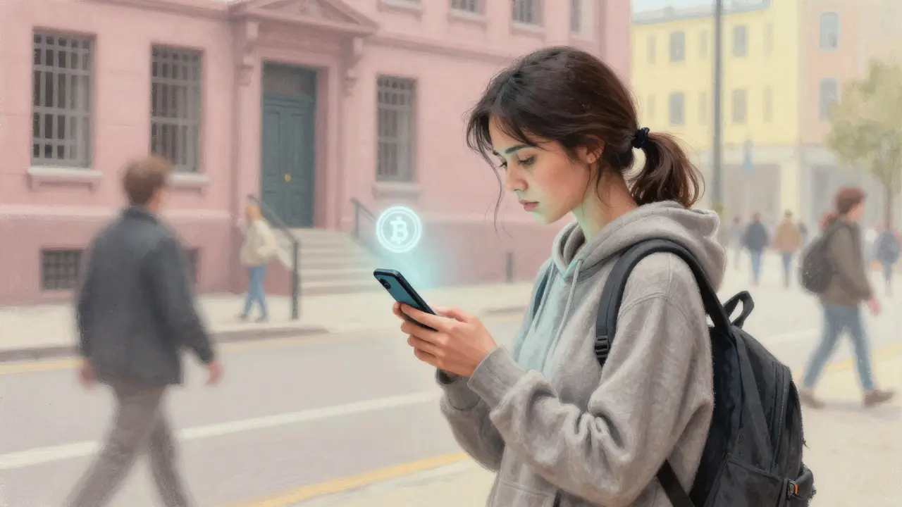 A woman using a crypto app on her phone in a city street, with a government building in the distance.