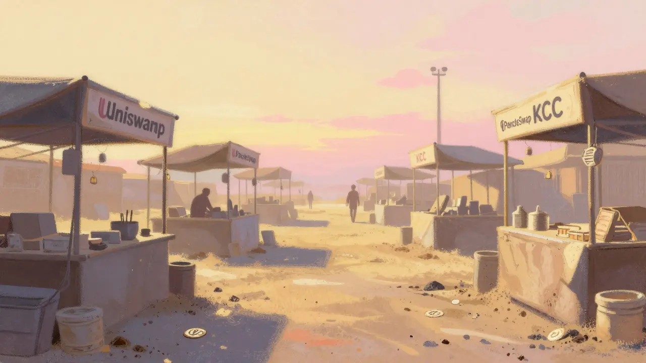 An empty digital marketplace with forgotten trading stalls, dust-covered and abandoned.