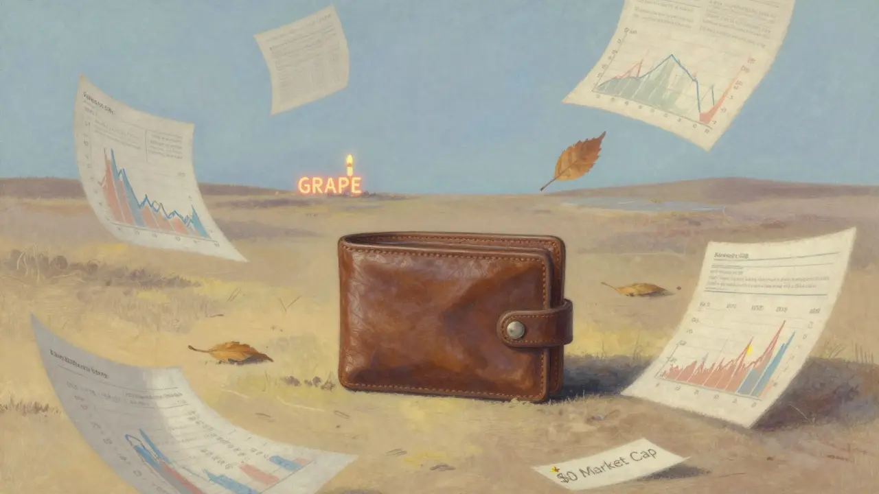 An empty wallet on a barren digital plain with fading price graphs and a flickering GRAPE ticker.