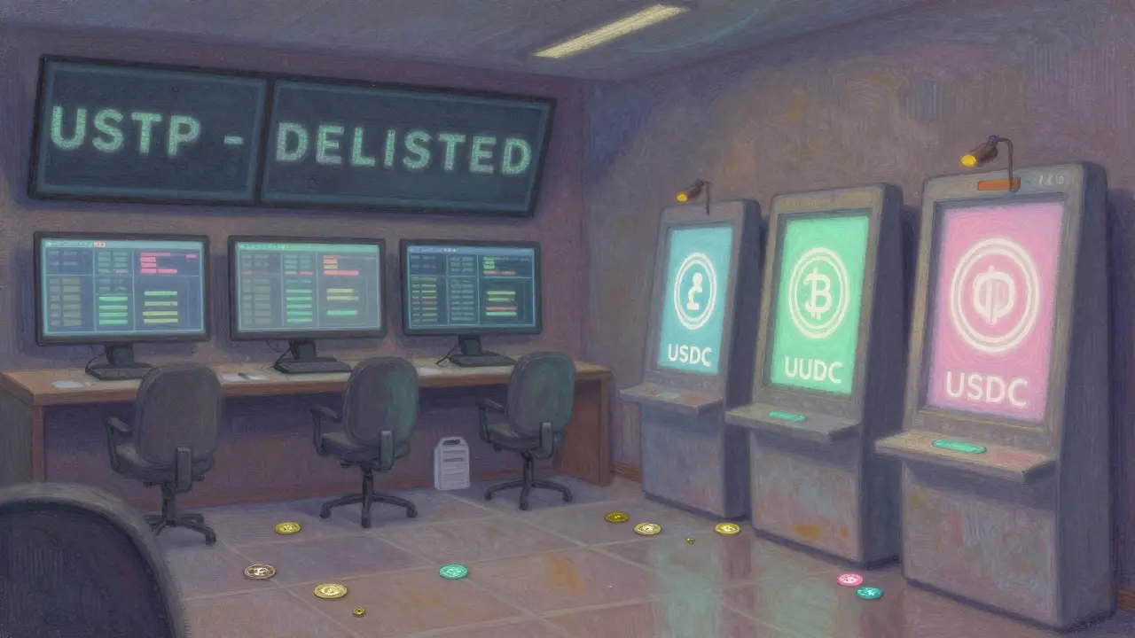 An EU exchange floor displays delisted USDT while users shift to compliant stablecoins.