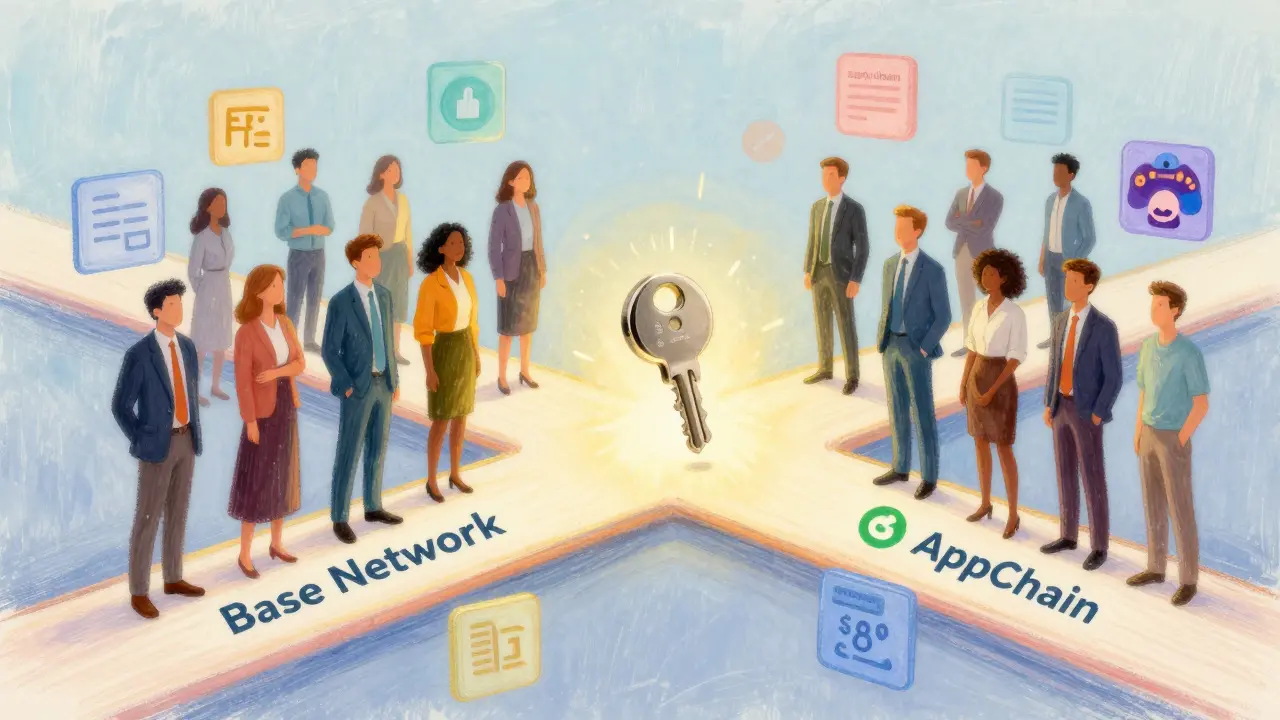 Developers at a crossroads with glowing paths to different blockchains, holding a universal wallet key.