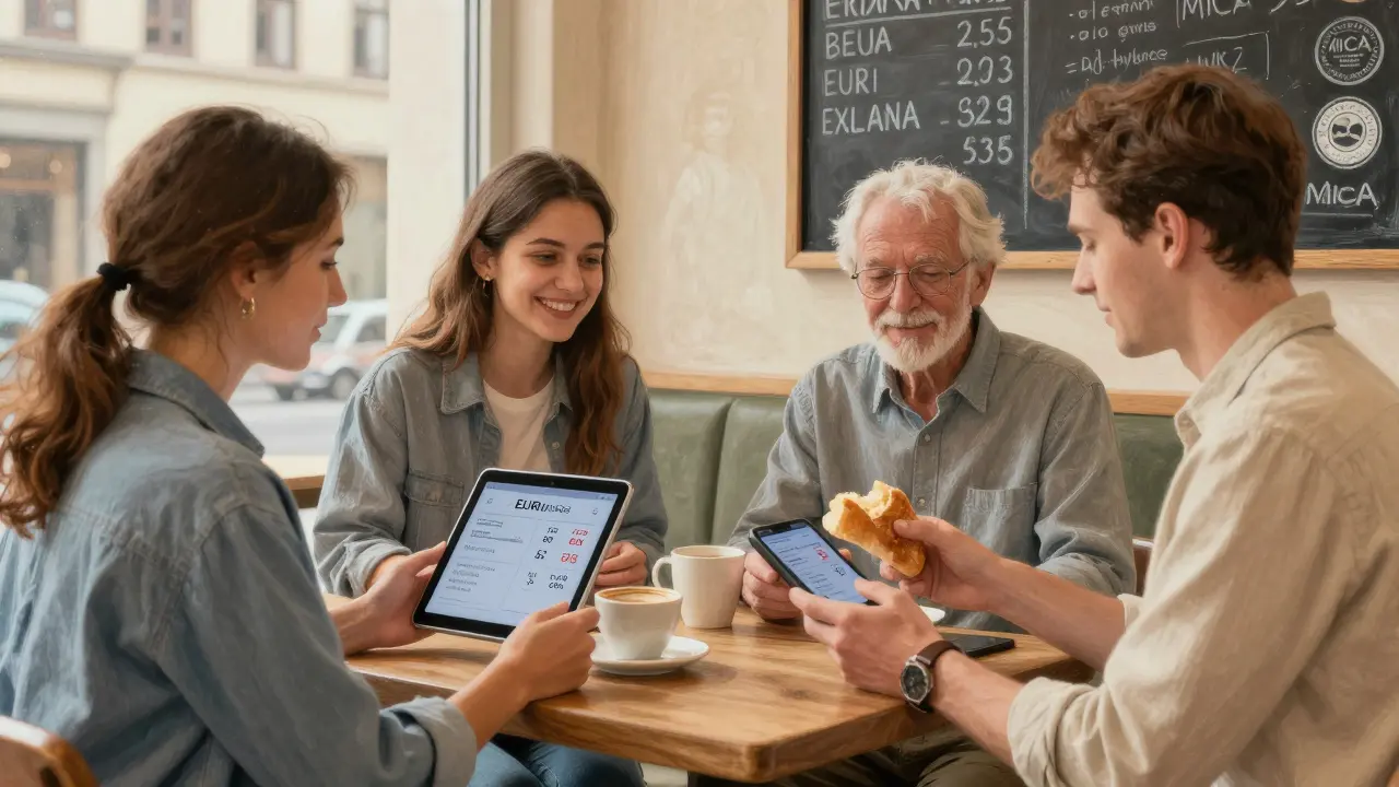 Diverse group in a café using EURI to pay for coffee, bathed in warm light.