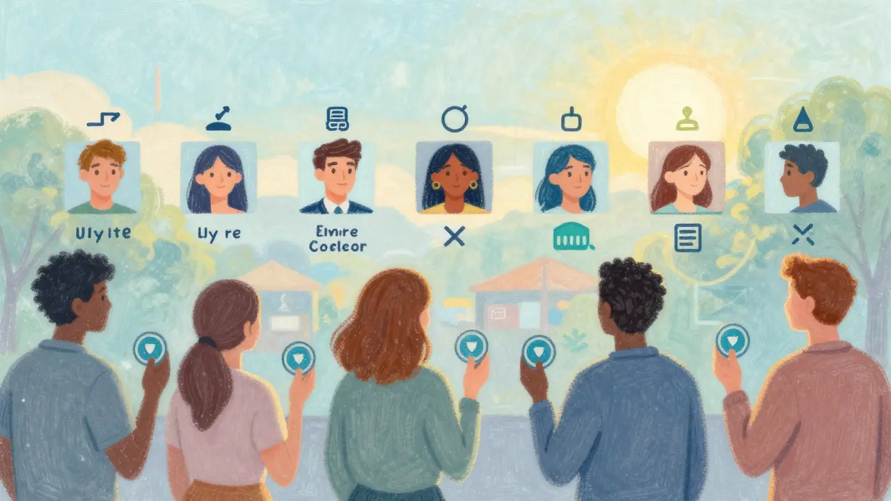 Diverse users select node operators in a peaceful marketplace with pastel-toned profiles.