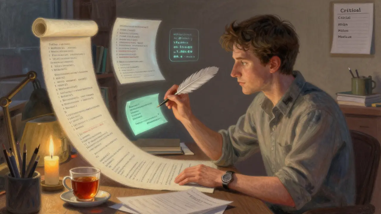Engineer using a quill to trace glowing vulnerabilities in floating blockchain code, illuminated by candlelight.