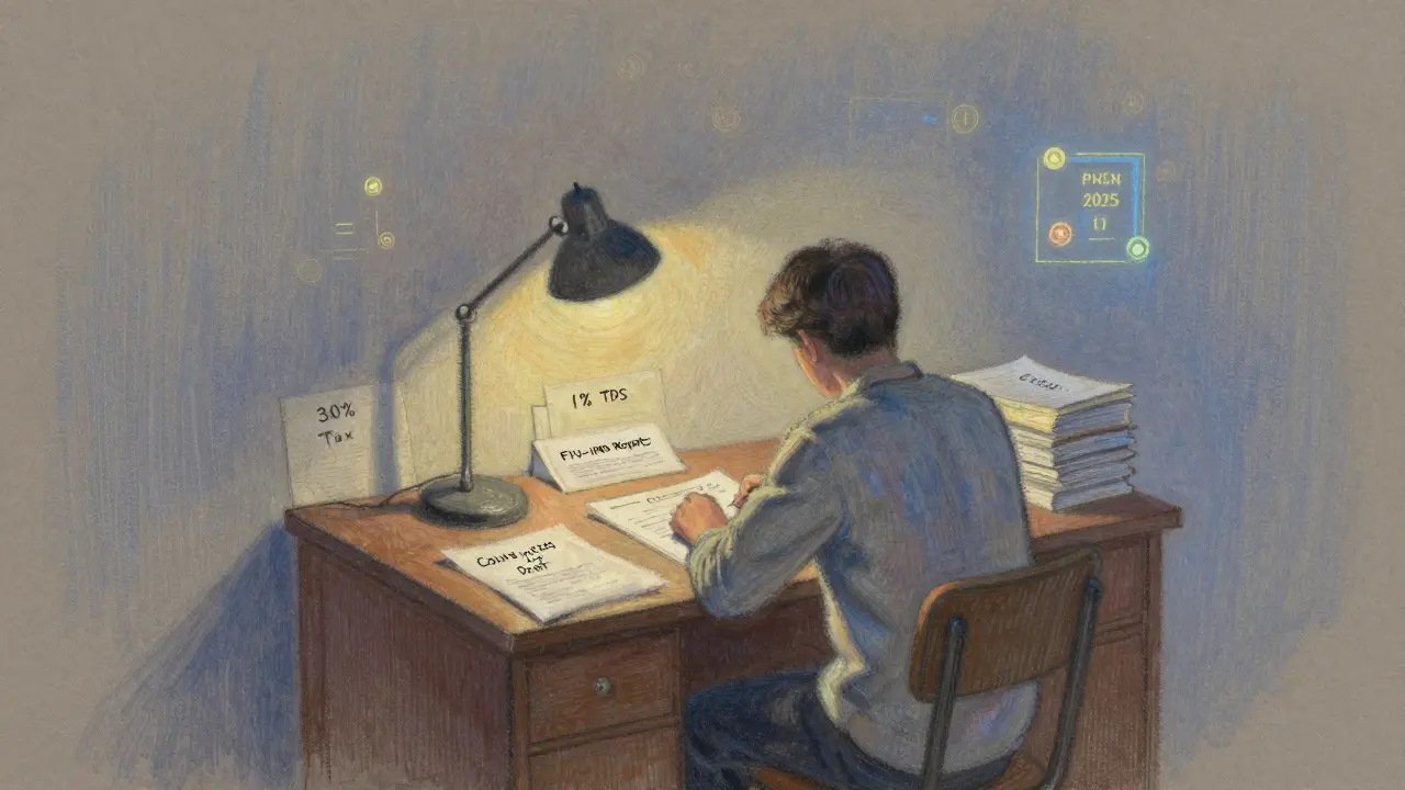 Individual reviewing crypto tax documents at night under a lamp, with COINS Act draft nearby.