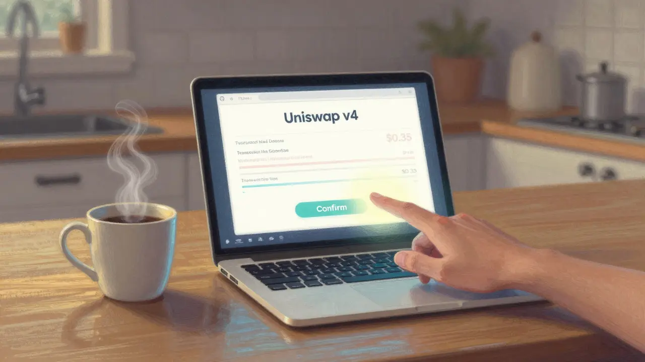 Morning scene with coffee and laptop displaying a low-cost Uniswap swap confirmation on Avalanche.