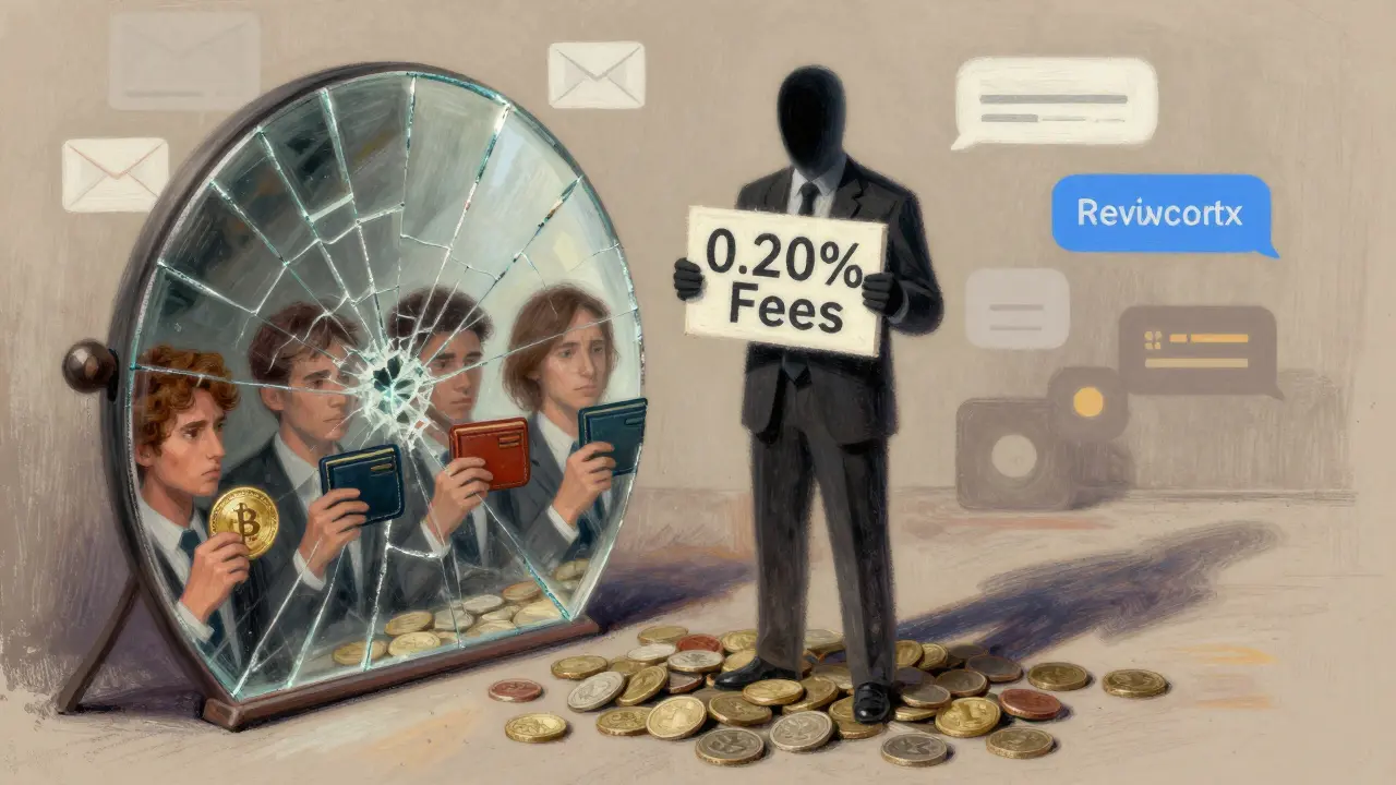 Shattered mirror reflecting victims as a faceless figure stands on a pile of vanished cryptocurrency.