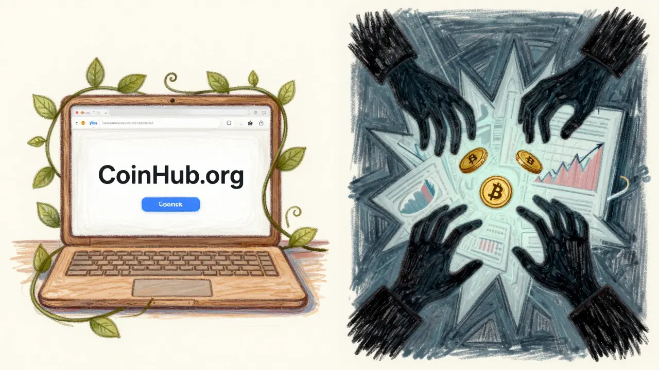 Side-by-side images: a safe open-source app with nature motifs versus a distorted scam site stealing crypto coins.