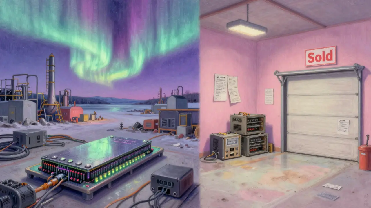 Split scene: industrial crypto mine under Northern Lights vs. abandoned garage with sold signs, all in delicate pastel tones.