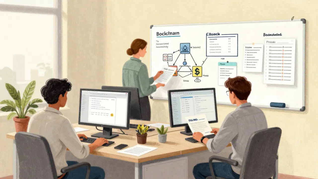 Startup team in India working on blockchain compliance with tax documents and FIU-IND certificate.