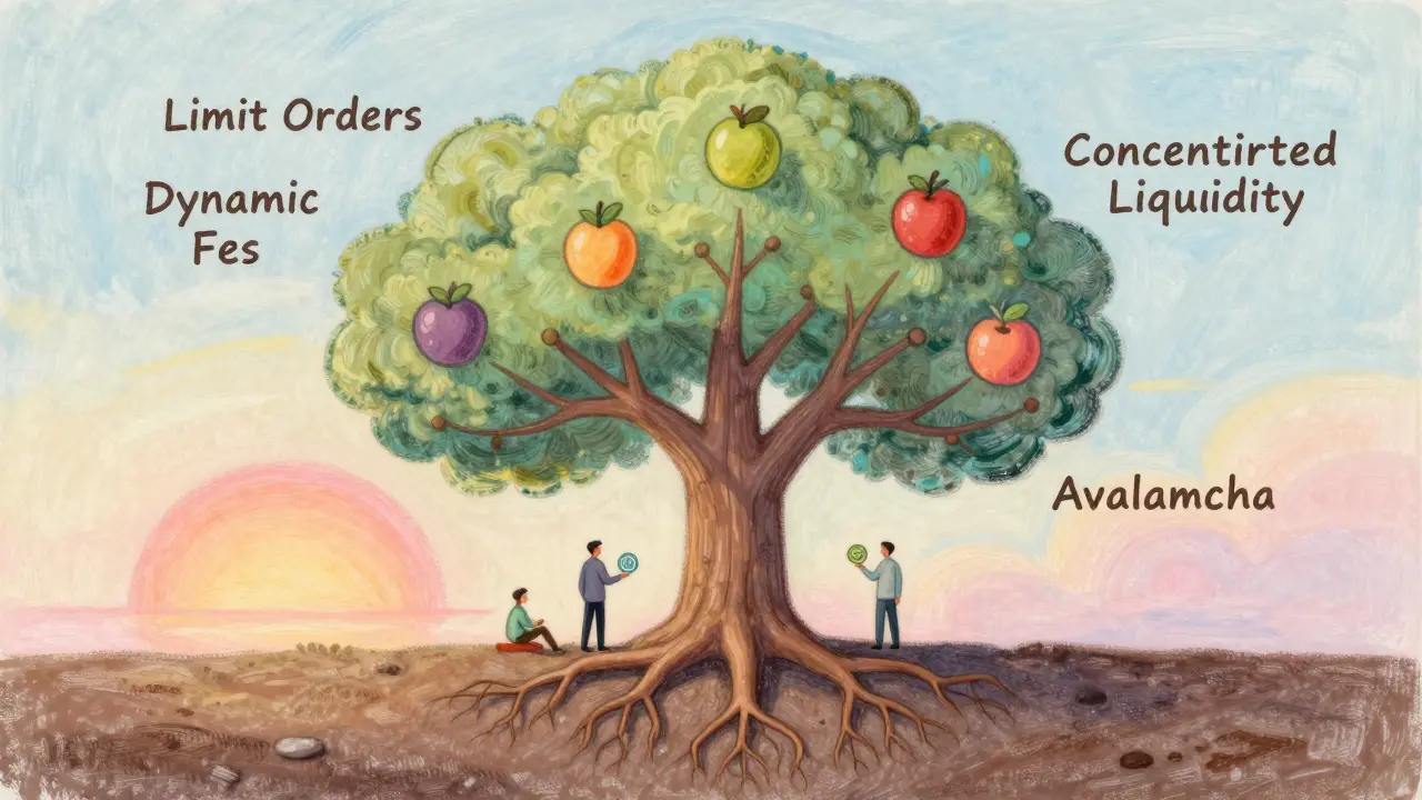 Symbolic pastel tree with DeFi features as fruit, rooted in Avalanche, under a sunrise.