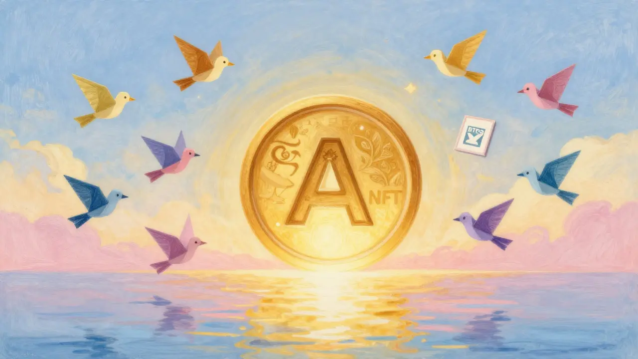 Thousands of paper birds flying toward a glowing APENFT token in a pastel sky.